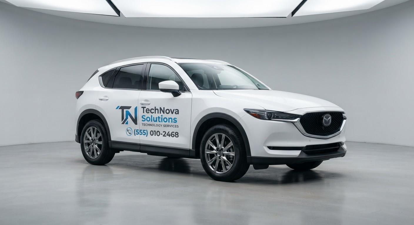 White SUV with TechNova Solutions door wrap graphics
