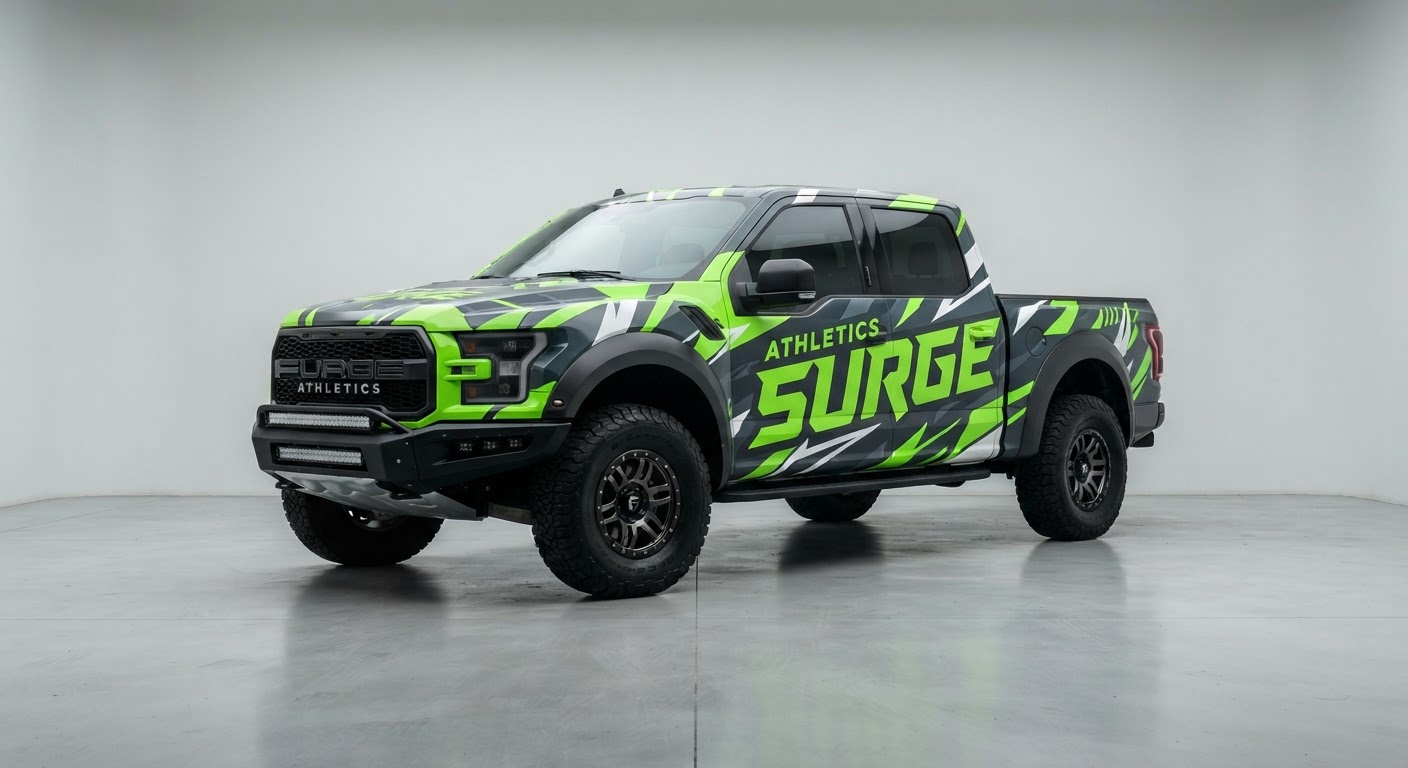 Pickup truck with green and grey Surge Athletics full wrap